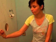 Short-haired Brunette Suck A Dick In The Toilet