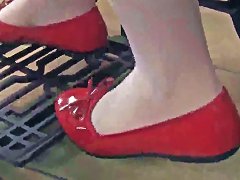 Pretty Brunette Chick Petra Wears Red Flats While Working With Sewing Machine